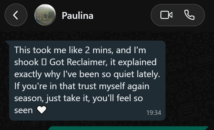 WhatsApp message from Paulina reacting to the Clarity Pulse Check