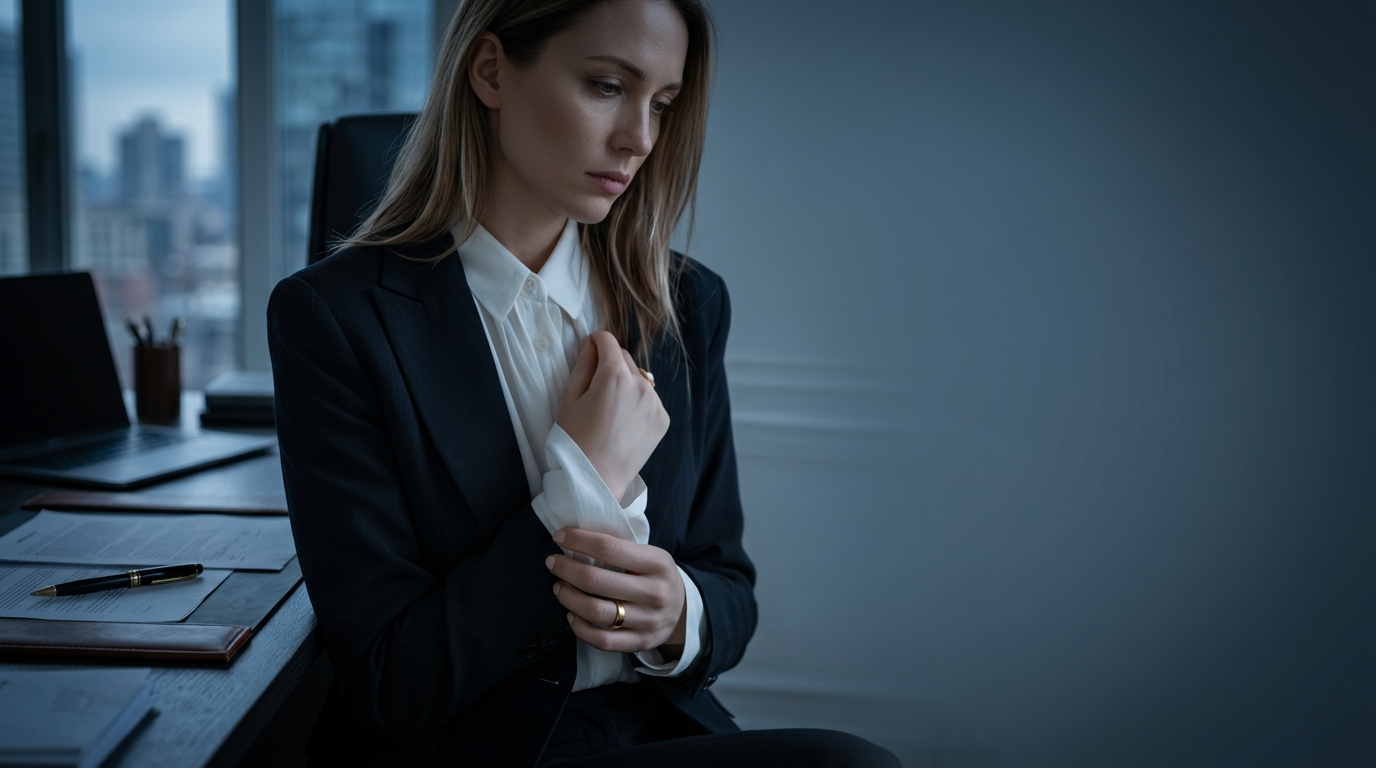 Professional woman in a dark office, looking exhausted and uncertain