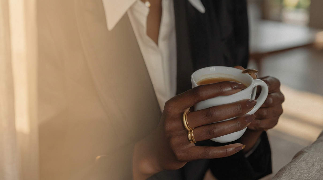 Woman in a blazer holding a cup of coffee, a quiet moment of reflection