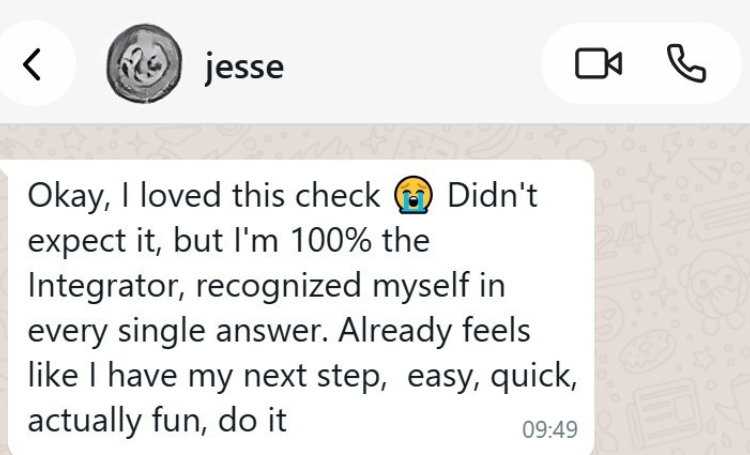 WhatsApp message from Jesse reacting to the Clarity Pulse Check