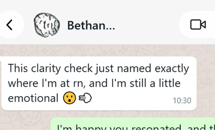 WhatsApp message from Bethan reacting to the Clarity Pulse Check