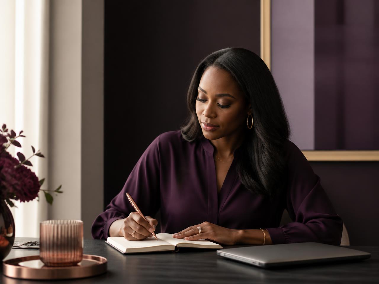 Black professional woman writing in a notebook at an elegant desk with soft window light, deep plum and rose gold tones